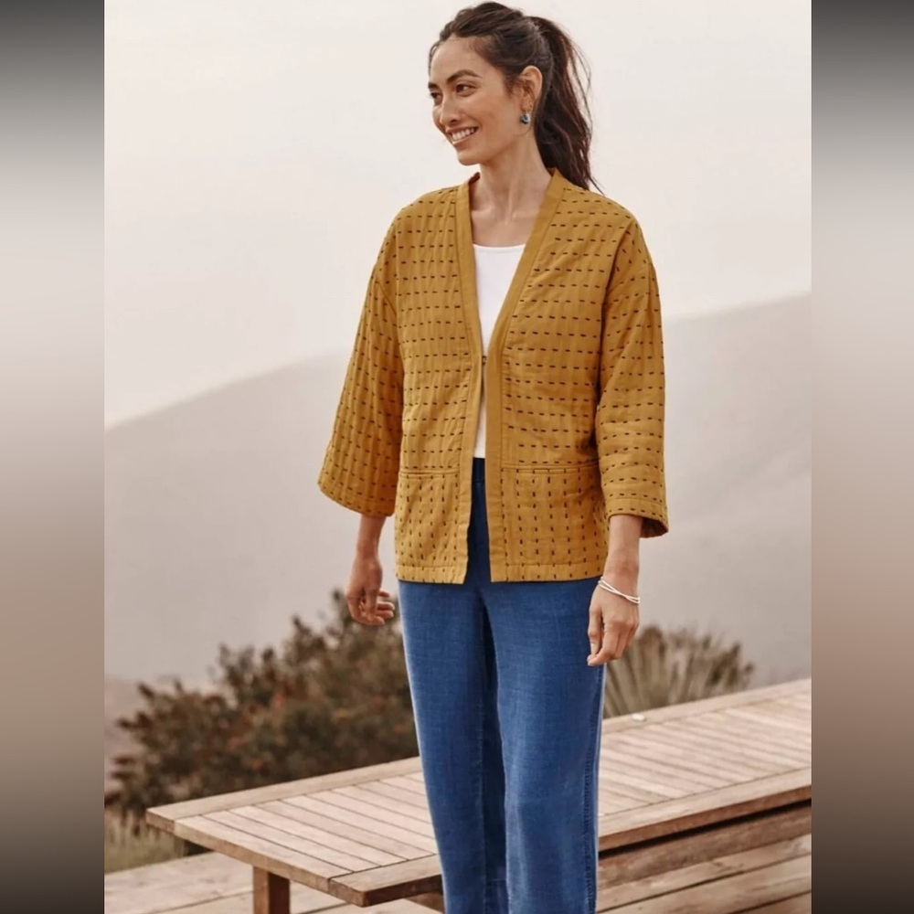 J.Jill Purejill Dandelion Yellow Cotton Kantha Stitch Wide Sleeve Jacket Size L